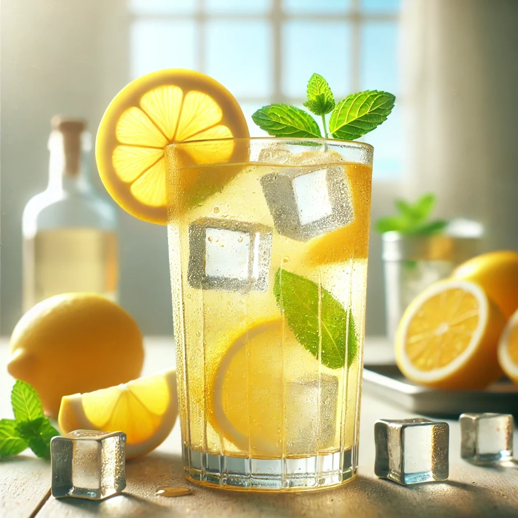 DALL·E 2024-08-31 20.18.43 - A realistic image of a refreshing lemon rum lemonade served in a tall glass. The lemonade is made with lemon syrup infused with rum, fresh lemon juice